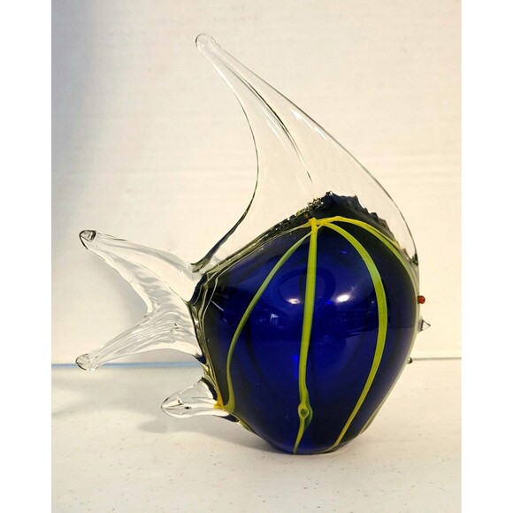 Hand Blown Art Glass Angelfish Paperweight Figurine Cobalt Blue w/ Yellow Stripe - Picture 4 of 9